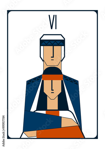 Stylised simple geometric vector image of a tarot card of lovers in the form of two young people in Slavic clothes in navy blue, white and red.