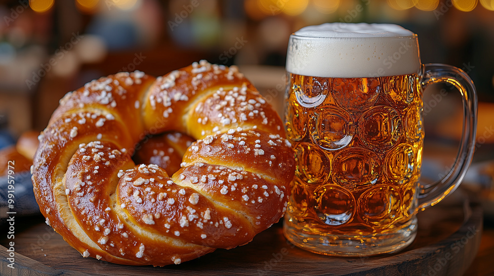 Close-up of a giant pretzel next to a frothy beer mug with Oktoberfest banners in the background. Close-up of a giant pretzel next to a frothy beer mug with Oktoberfest banners in the background.