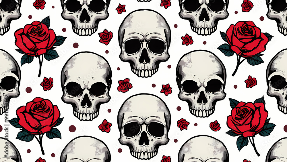 Skulls and Roses Pattern on White Background Skulls and Roses Pattern on White Background