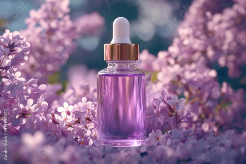 lilac essential oil in a dropper bottle on a floral background, representing beauty and wellness on a concept banner photo