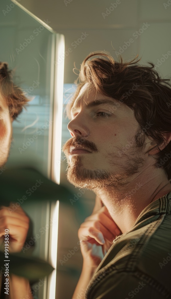 Fototapeta premium Focused Man Shaping Mustache in Minimalist Bathroom - Self Care and Grooming Routine