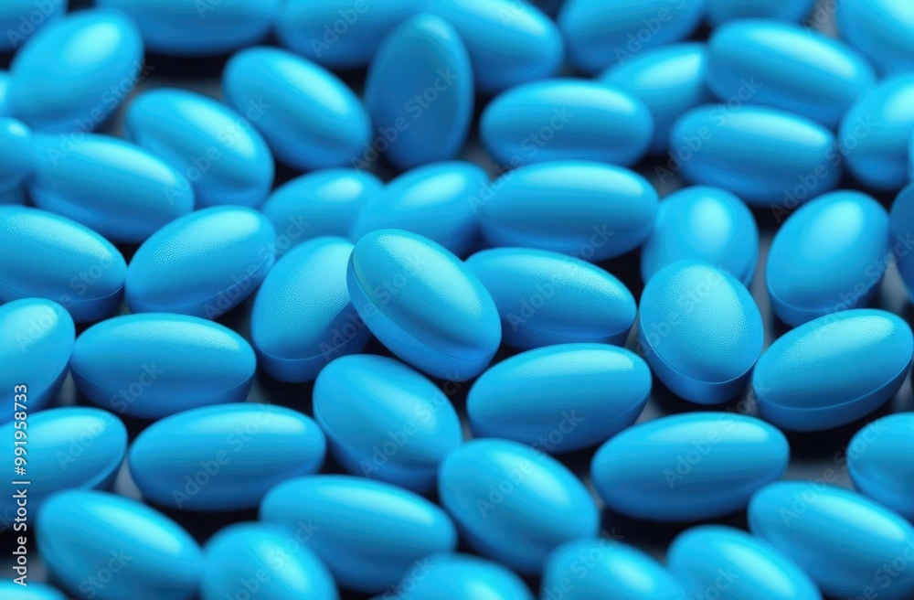 Top view. Lots of blue pills on the table. Pharmacological concept. Top view. Lots of blue pills on the table. Pharmacological concept.