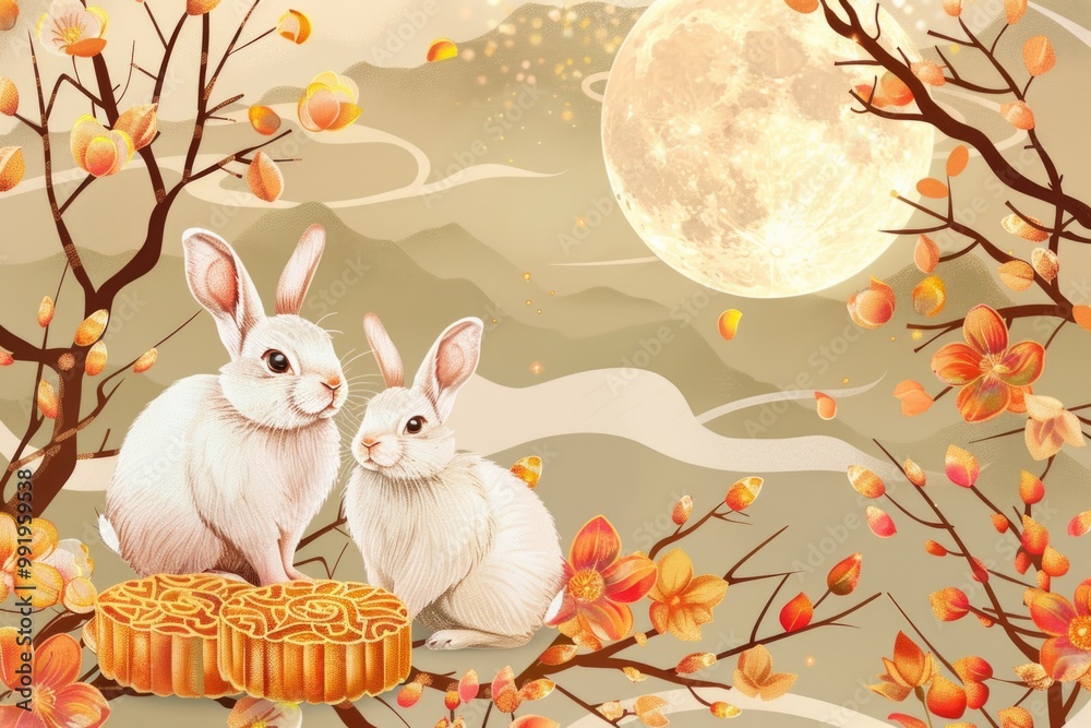 Fotografie Two rabbits sitting on a tree branch, overlooking the moon