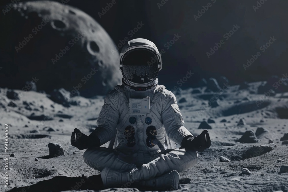 Φωτογραφία An astronaut sits alone in the middle of a desert, surrounded by sand and rocks