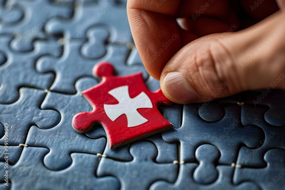 Man solving jigsaw puzzle with red piece featuring medical first aid symbol Man solving jigsaw puzzle with red piece featuring medical first aid symbol