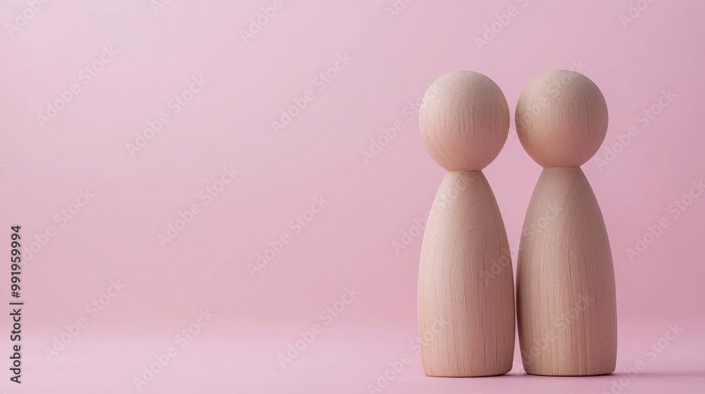 Two wooden figures represent teamwork on a soft pink background for HR Two wooden figures represent teamwork on a soft pink background for HR