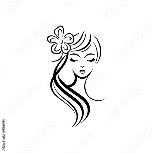 Vector pretty girl and flowers logo feminine and floral design, beautiful girl line art logo design