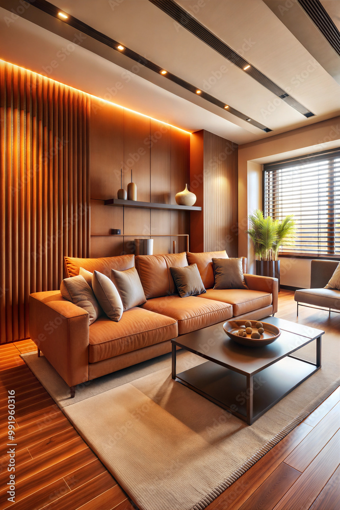 Fototapeta premium Stylish modern living room with leather sofa, decorative pillows, and warm lighting 
