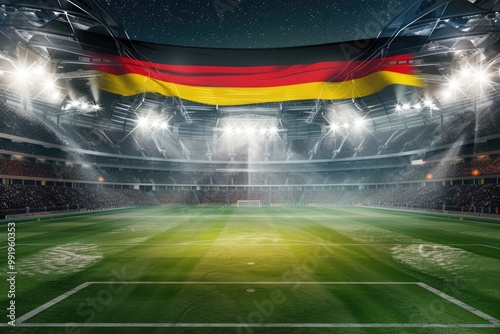 Image of a soccer field with a German flag displayed prominently