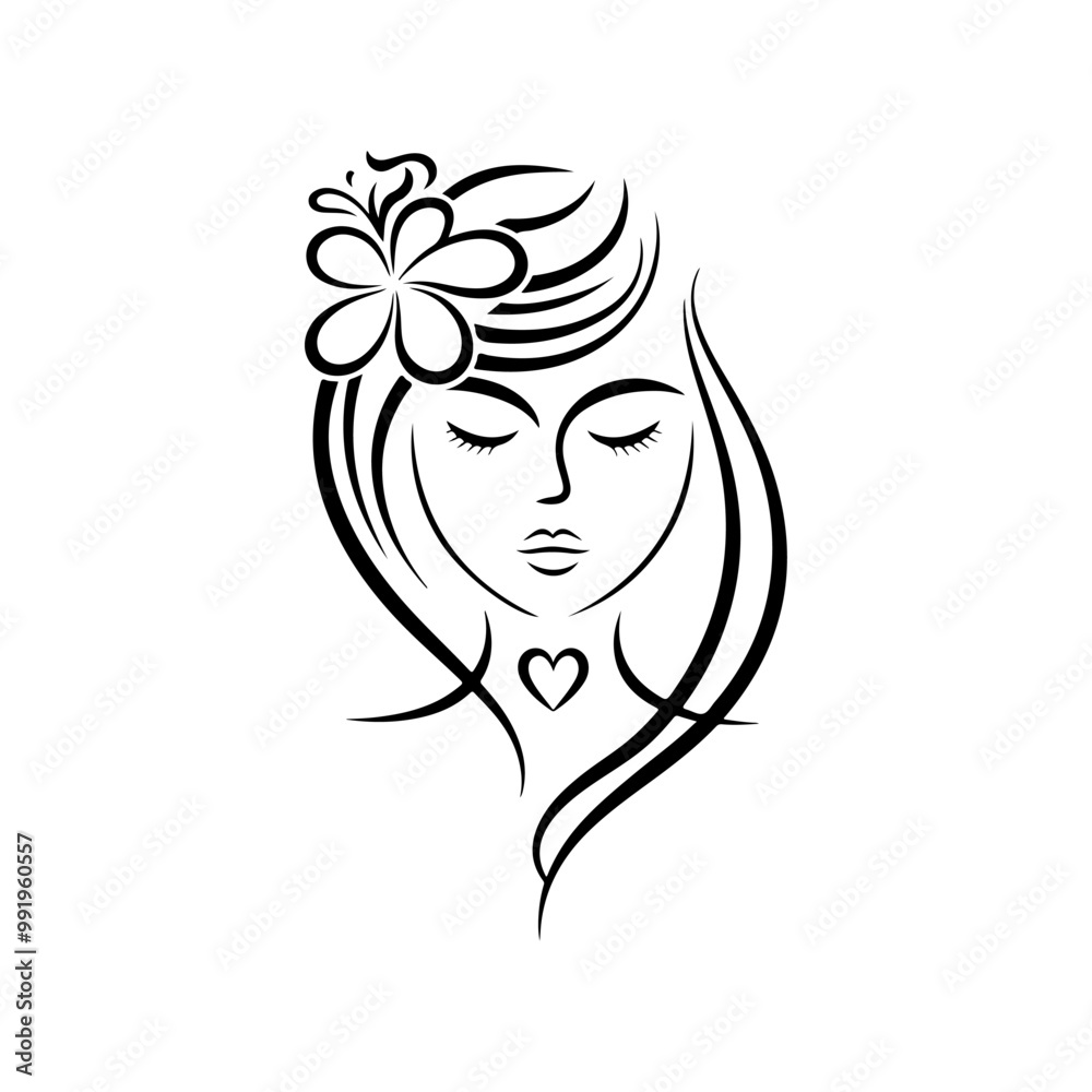 Vector pretty girl and flowers logo feminine and floral design, beautiful girl line art logo design
