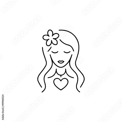 Vector pretty girl and flowers logo feminine and floral design, beautiful girl line art logo design