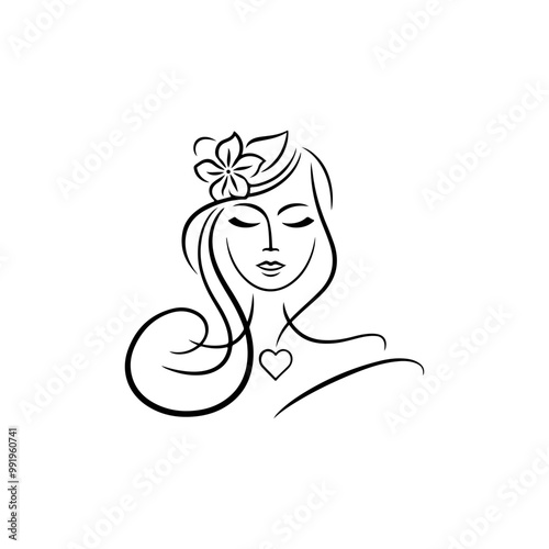 Vector pretty girl and flowers logo feminine and floral design, beautiful girl line art logo design