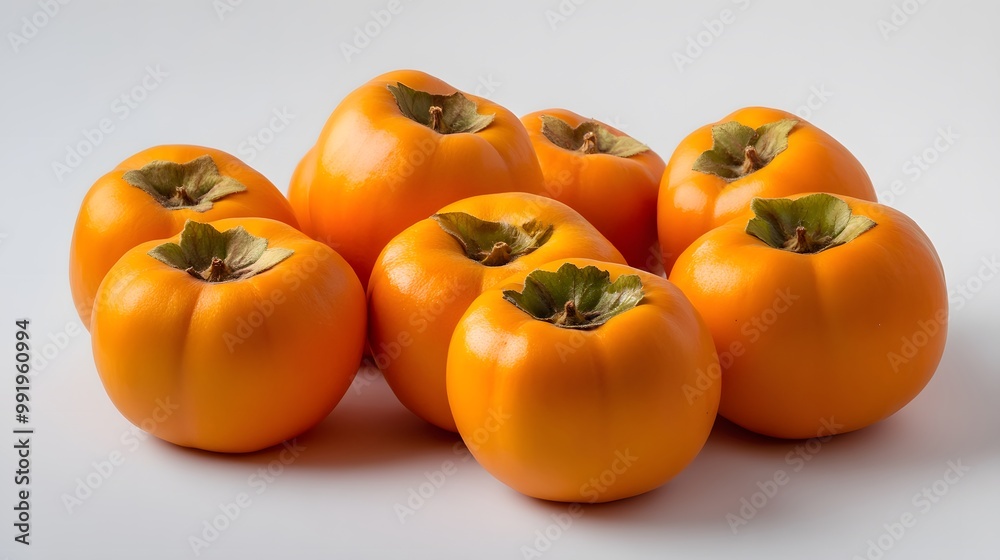 Realistic arrangement of whole persimmons on a white background, focusing on their vibrant orange skin and smooth surface Realistic arrangement of whole persimmons on a white background, focusing on their vibrant orange skin and smooth surface