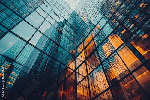 Mirror reflections and shadows on the glass exterior of a business centre building in Moscow city, 28 June 2020