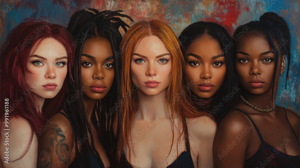 Obraz premium Empowered diversity: A bold group portrait celebrating five women‚Äôs strength and individuality