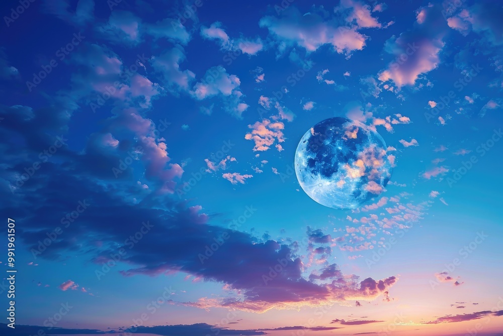 A bright full moon shines in a clear blue sky, a beautiful night scene A bright full moon shines in a clear blue sky, a beautiful night scene