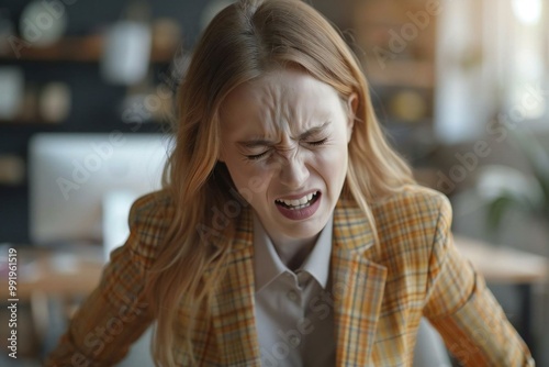 A young businesswoman experiencing back pain in the office: A side profile