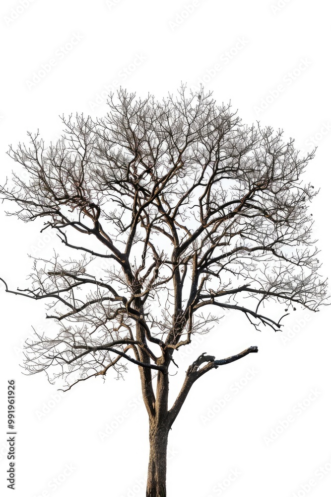 A bare tree standing alone on a plain white background, perfect for minimalist designs and concepts A bare tree standing alone on a plain white background, perfect for minimalist designs and concepts