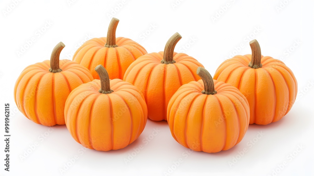 Realistic display of whole pumpkins on a white background, emphasizing their bright orange skin and ribbed surface Realistic display of whole pumpkins on a white background, emphasizing their bright orange skin and ribbed surface