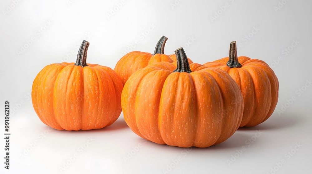 Fototapeta premium Realistic display of whole pumpkins on a white background, emphasizing their bright orange skin and ribbed surface