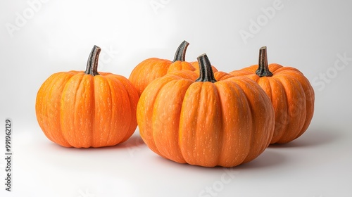 Realistic display of whole pumpkins on a white background, emphasizing their bright orange skin and ribbed surface