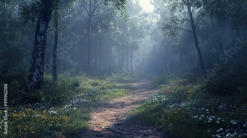 Enchanted Forest Path: Sunbeams Through Foggy Trees