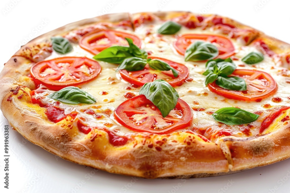 Close-up shot of a delicious-looking pizza topped with fresh tomatoes and basil Close-up shot of a delicious-looking pizza topped with fresh tomatoes and basil