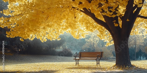 A serene park scene with a vibrant yellow tree and a wooden bench. The golden leaves create a warm atmosphere. Perfect for relaxation or nature decor. AI