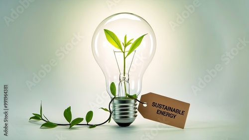 A photo of a light bulb with a plant growing out of it. The bulb is on a white background. There is a tag on the bulb that says 