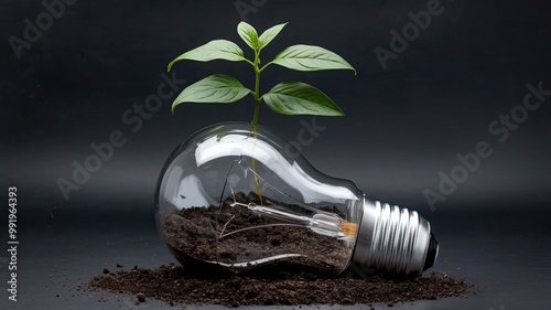 A photo of a light bulb with a plant growing out of it. The light bulb is broken and the soil is spilling out. There is a green leafy plant with multiple branches growing out of the broken light bulb.