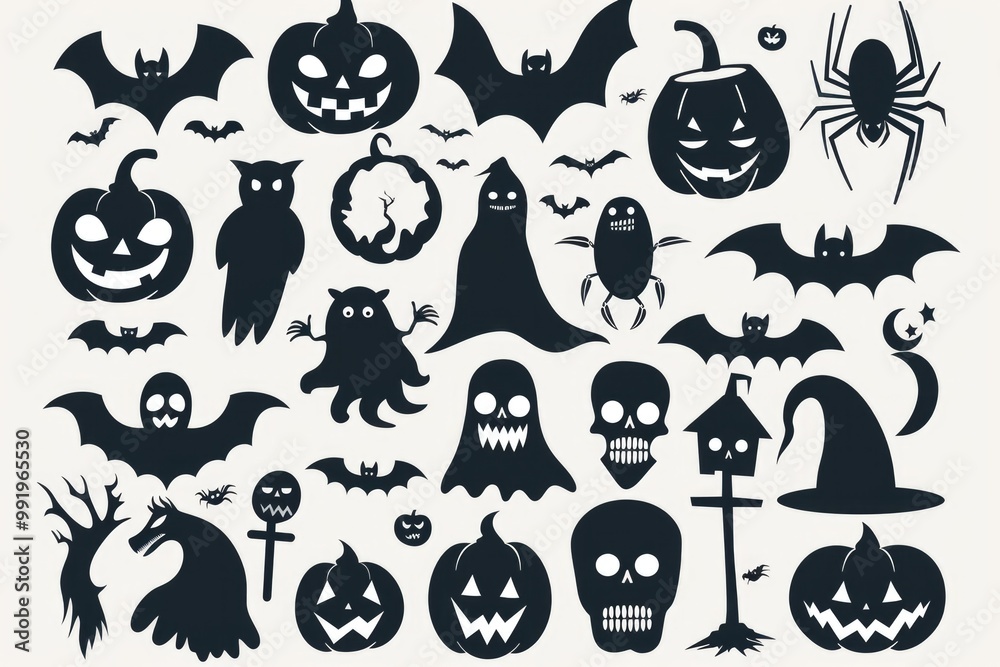 A set of spooky silhouettes against a white background, perfect for Halloween-themed designs A set of spooky silhouettes against a white background, perfect for Halloween-themed designs