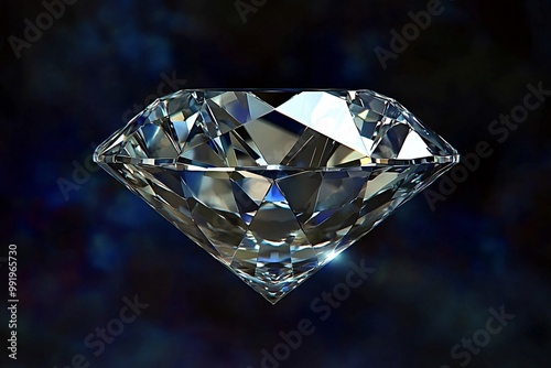 Large brilliant cut diamond sparkling on a dark blue background. Ideal for themes such as wealth, luxury, and elegance