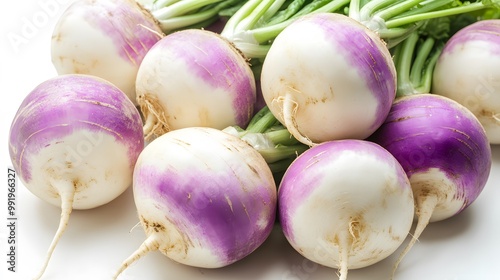 Realistic arrangement of whole turnips on a white background, focusing on their white and purple skin and smooth, round shape