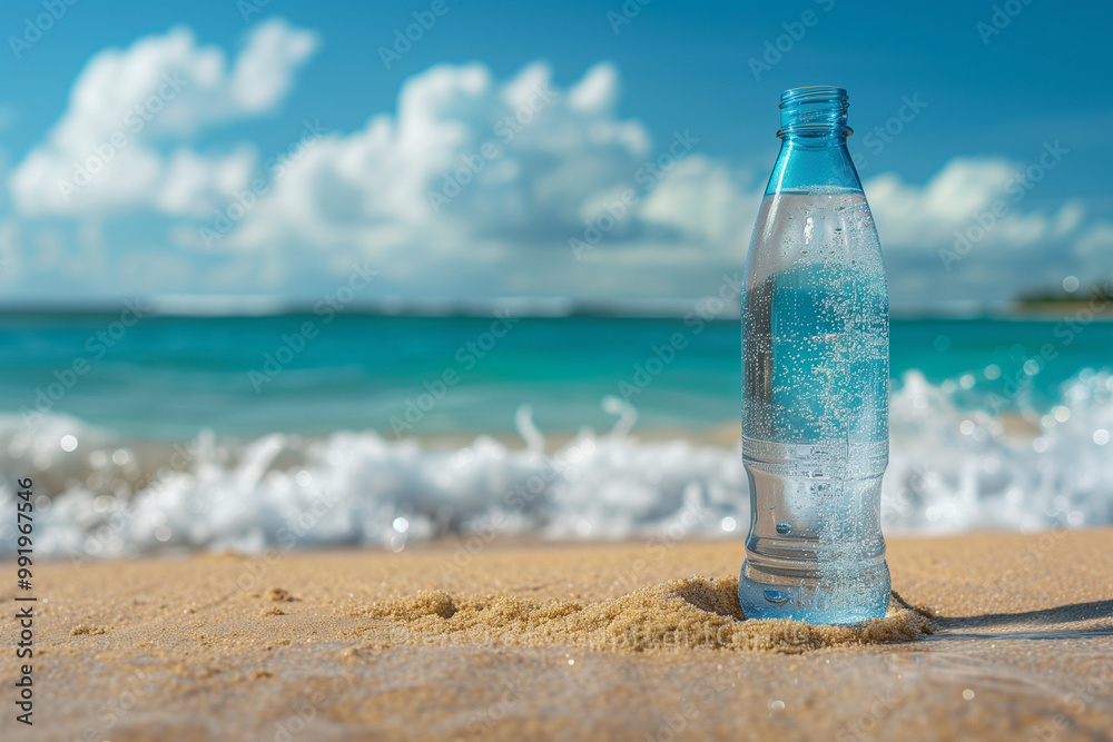 Water bottle on sandy beach with ocean waves nearby