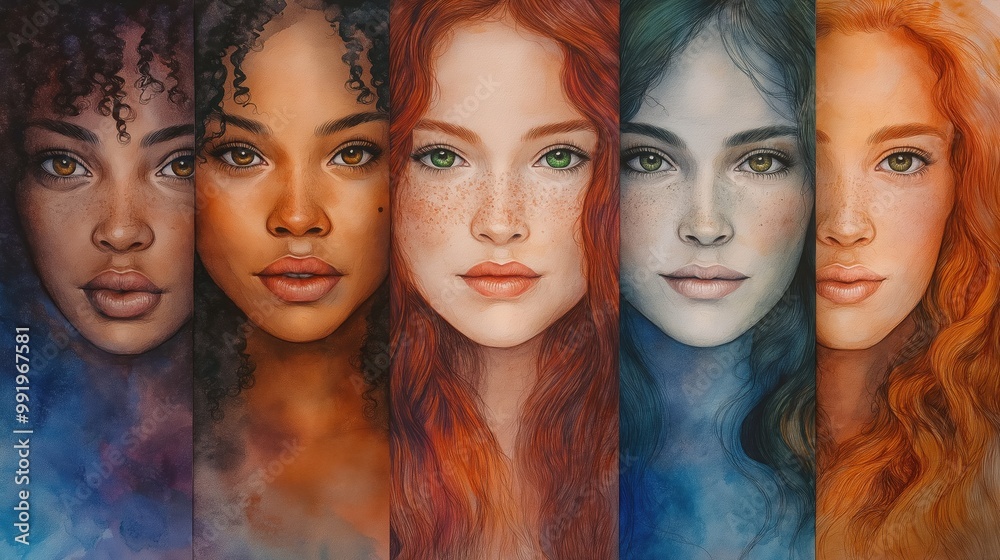 Five expressive women share their emotions in a vibrant watercolor masterpiece adorned with swirling colors