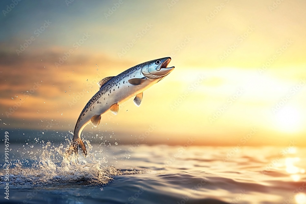 Fototapeta premium Stunning salmon jumps in the sunset-lit water, creating a splash of freedom and nature's beauty