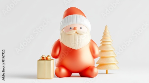 A cheerful Santa cartoon next to a gift and tree decoration spreads holiday joy and spirit