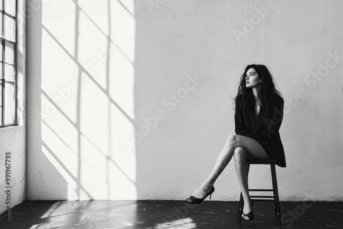 Wallpaper Mural Black and white photo of a stylish woman sitting in a minimalistic room with dramatic lighting, showcasing elegance and artistic expression Torontodigital.ca