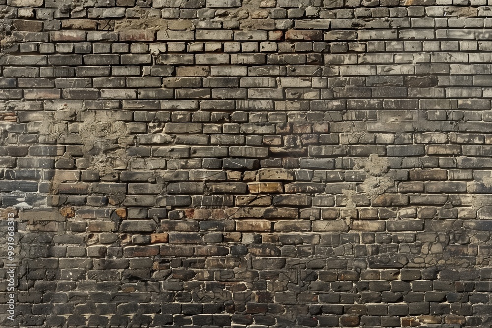 Obraz premium Seamless textured wall made of aged, weathered bricks in various shades of gray and brown. The surface shows signs of wear.