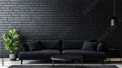 black sofa with table and pot for plants on background black  brick wall , 