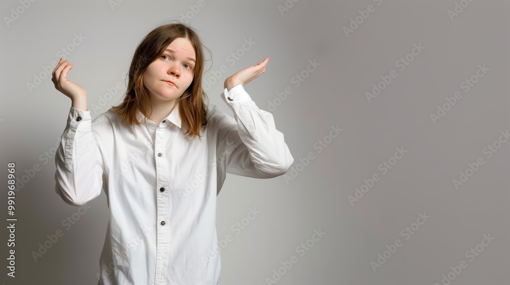 With her eyebrows raised and a slight shrug, a young woman conveys her shock and uncertainty With her eyebrows raised and a slight shrug, a young woman conveys her shock and uncertainty