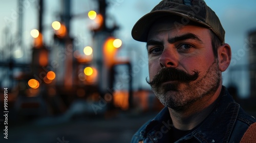 Dramatic Cinematic Portrait of Rugged Man with Mustache in Industrial Setting at Dusk