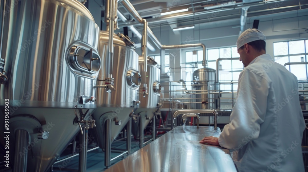A person standing near industrial equipment, suitable for industry, factory or chemical plant settings A person standing near industrial equipment, suitable for industry, factory or chemical plant settings