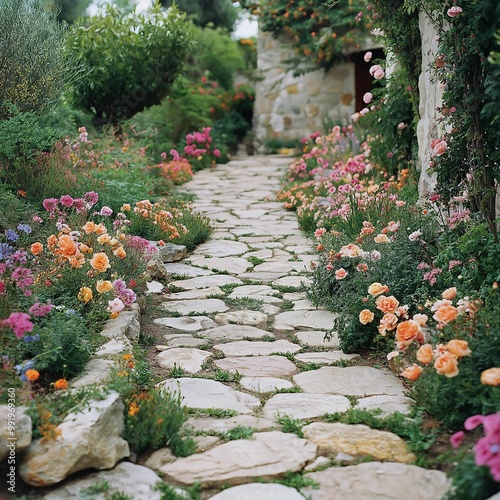 A serene flower garden showcases vibrant blooms in pink, orange, and white hues, accompanied by a rustic stone pathway for a tranquil outdoor setting.