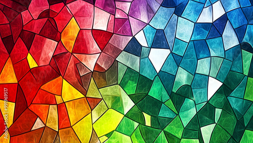  Stained glass abstract background with vibrant colors and intricate patterns.