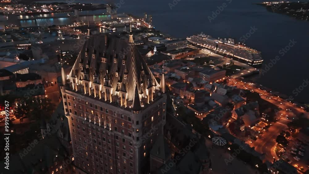 Aerial, Drone shot of hotel Fairmont le Chateau Frontenac. In Quebec city, during the sunset.