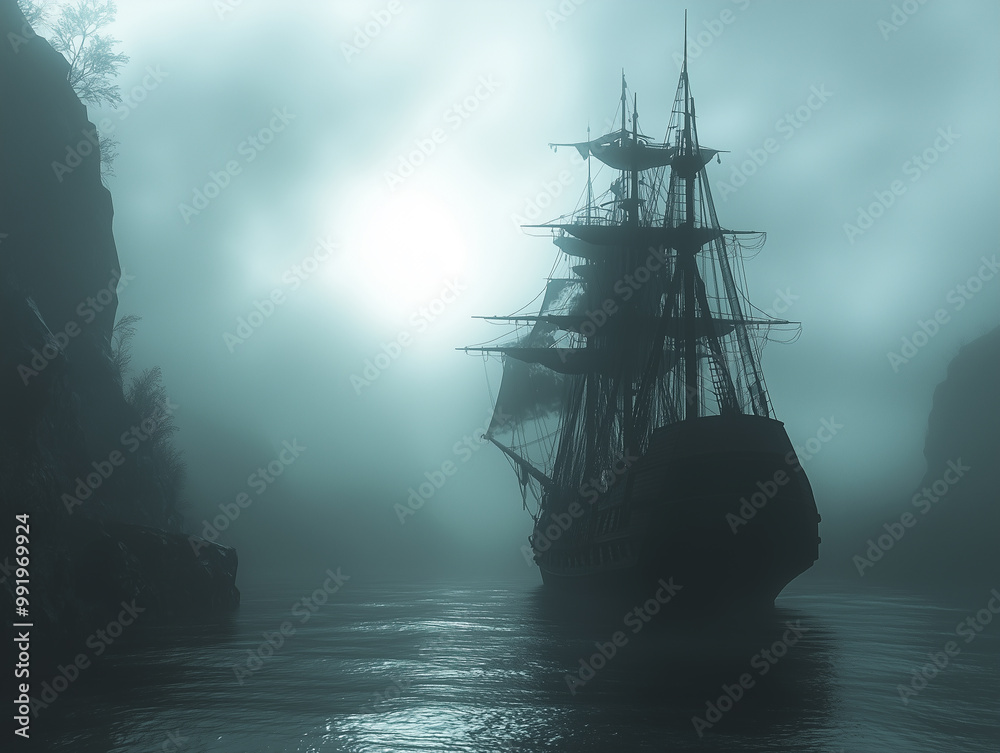 Ship in the fog. A ghost ship sailing through a misty, haunted sea. Ship in the fog. A ghost ship sailing through a misty, haunted sea.