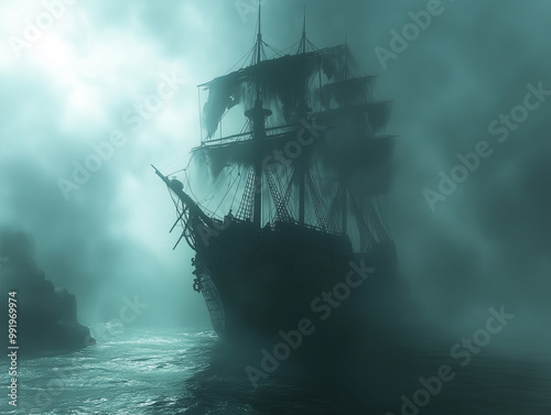 Ship in the fog. A ghost ship sailing through a misty, haunted sea.