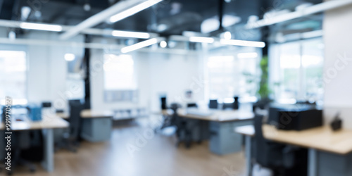 Wallpaper Mural Blurred view of open space office. Abstract office interior. High windows, office furniture in the frame, tables and chairs. Background, wallpaper for presentation Torontodigital.ca
