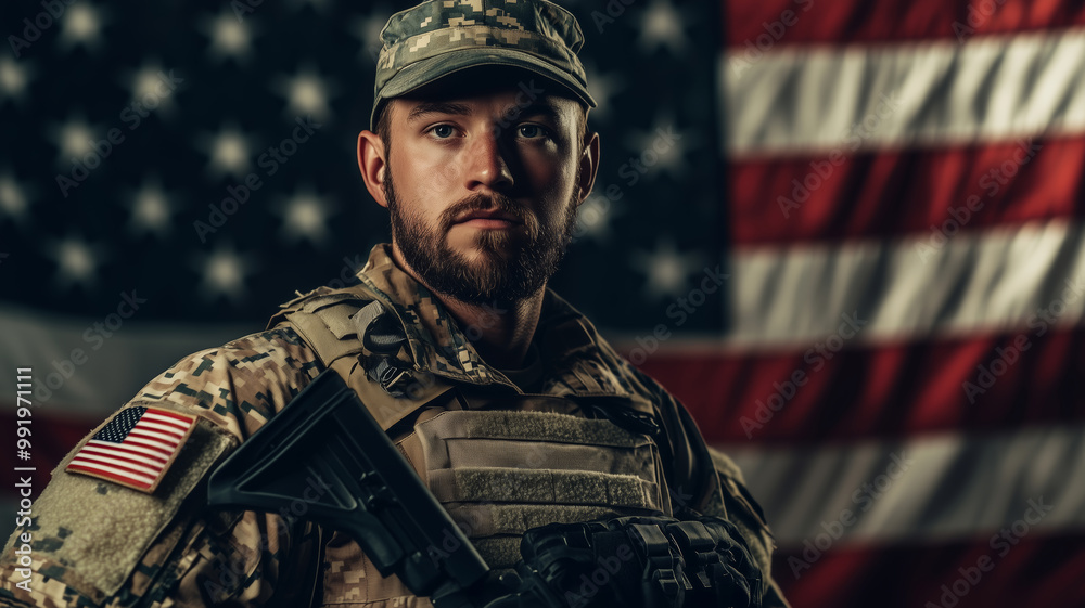 A soldier stands resolutely against the backdrop of the American flag on a reflective July day, embodying strength and patriotism A soldier stands resolutely against the backdrop of the American flag on a reflective July day, embodying strength and patriotism